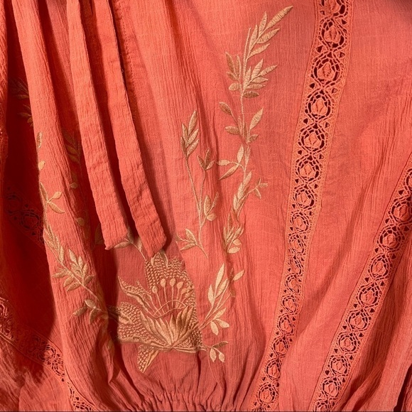 Free People Terra Cotta Maria Maria Top Ribbon Tie Gathered Waist Embroidery M - Picture 10 of 15